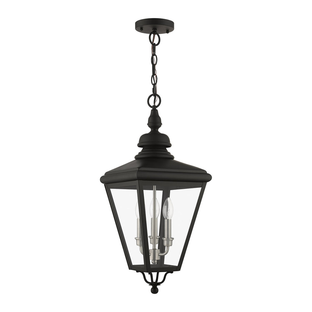 3 Light Black Outdoor Large Pendant Lantern With Brushed Nickel Finish Cluster