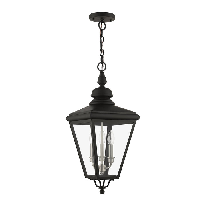 3 Light Black Outdoor Large Pendant Lantern With Brushed Nickel Finish Cluster