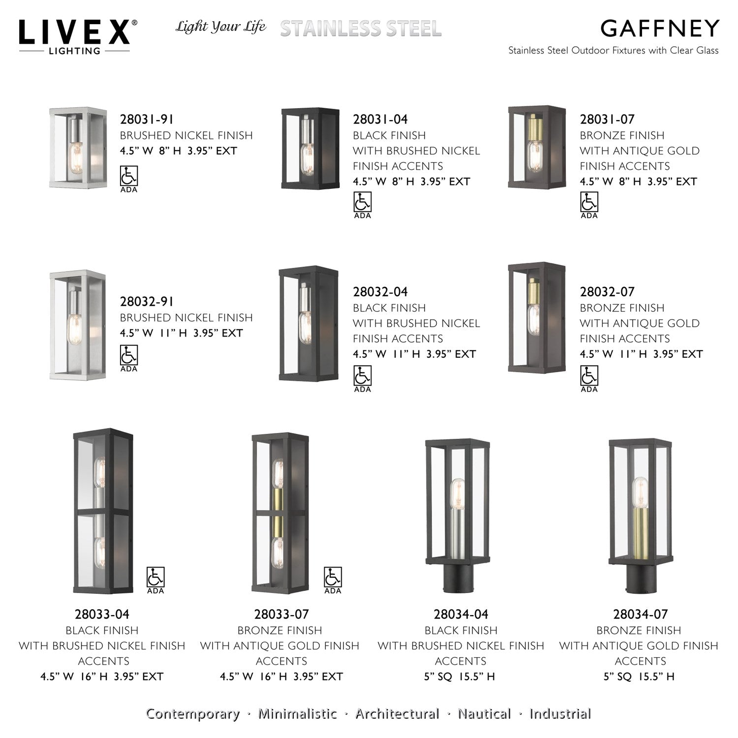 1 Light Black Outdoor Ada Wall Lantern With Brushed Nickel Finish Accents