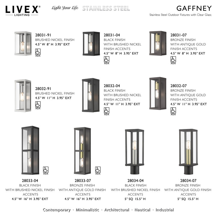 1 Light Black Outdoor Ada Wall Lantern With Brushed Nickel Finish Accents