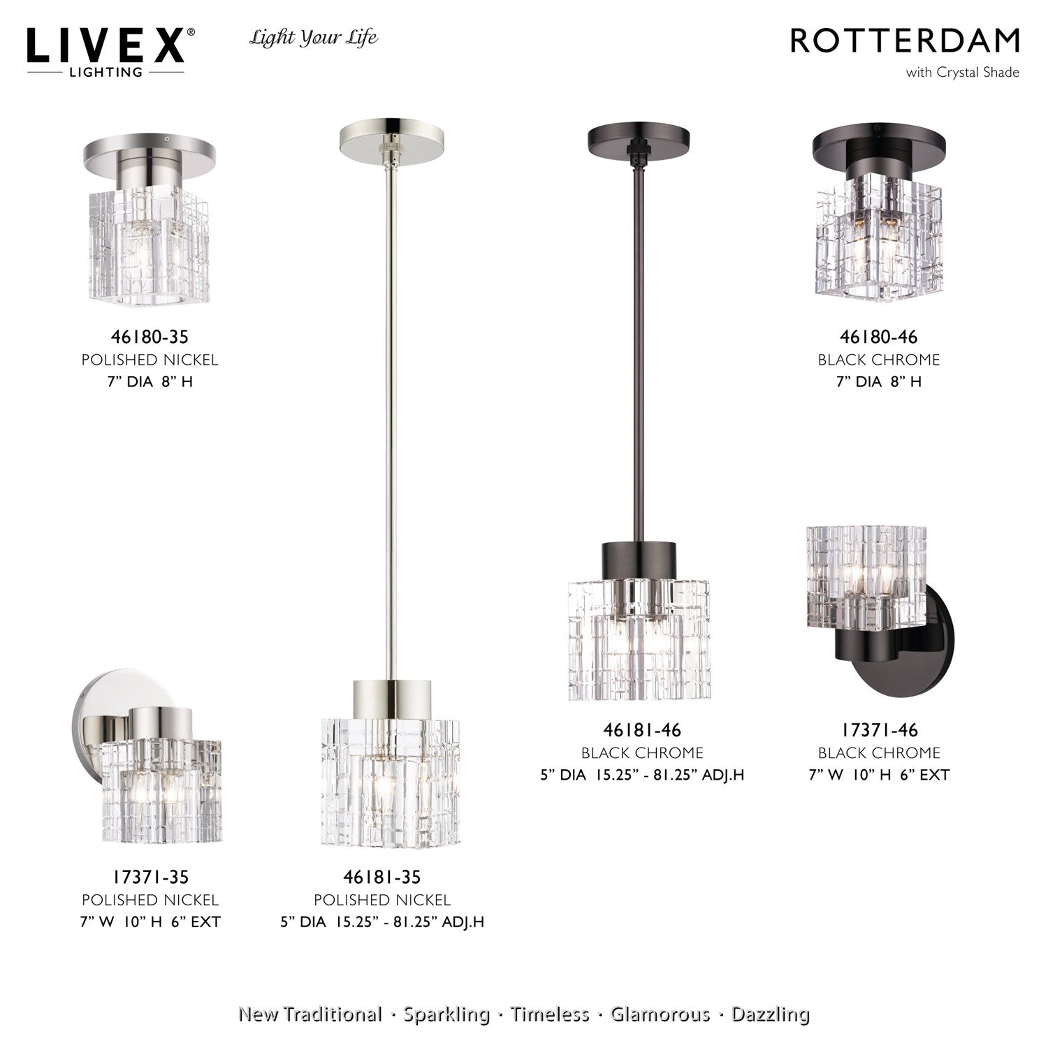 1 Light Black Chrome Crystal Semi-Flush