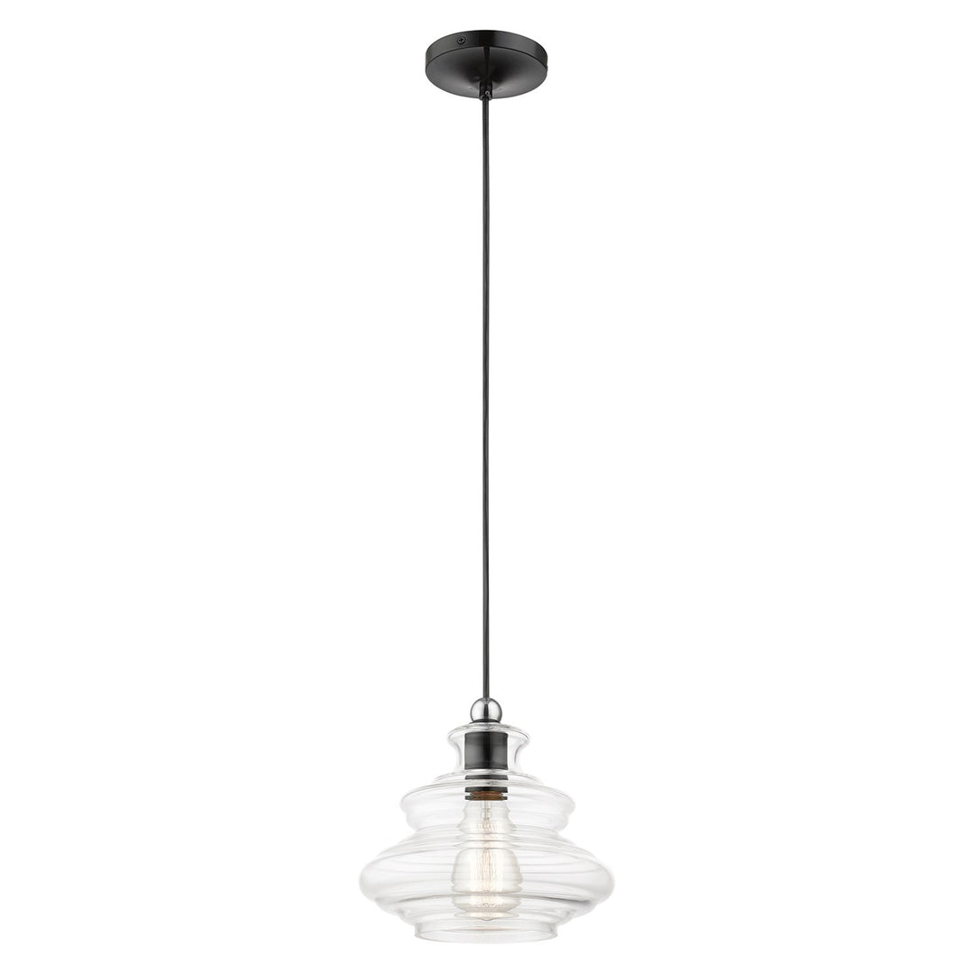 1 Light Shiny Black Pendant With Chrome Finish Accents