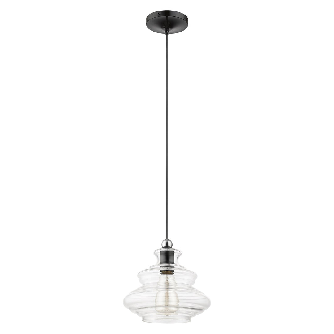 1 Light Shiny Black Pendant With Chrome Finish Accents