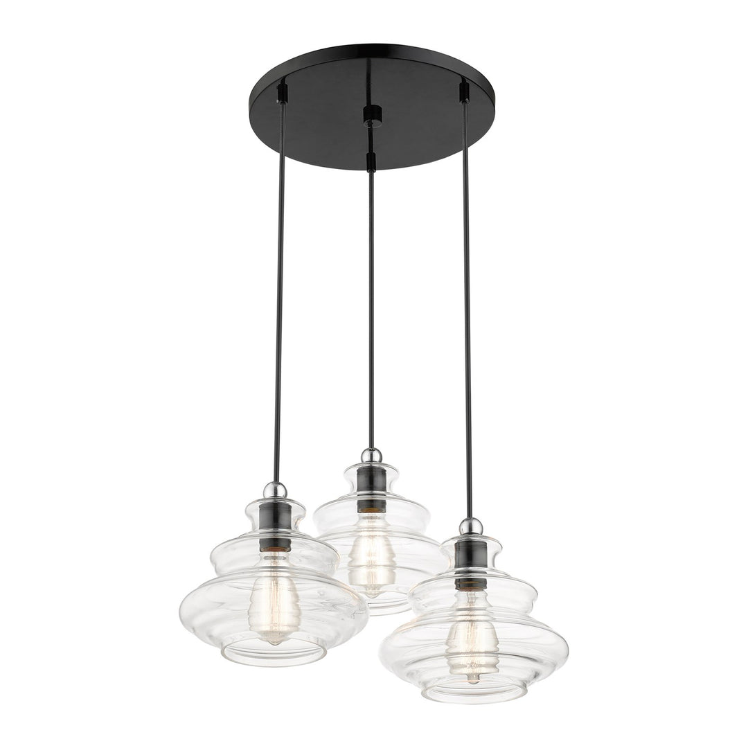 3 Light Shiny Black Pendant Chandelier With Chrome Finish Accents