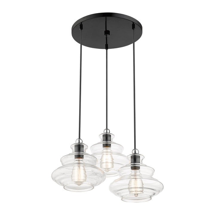 3 Light Shiny Black Pendant Chandelier With Chrome Finish Accents