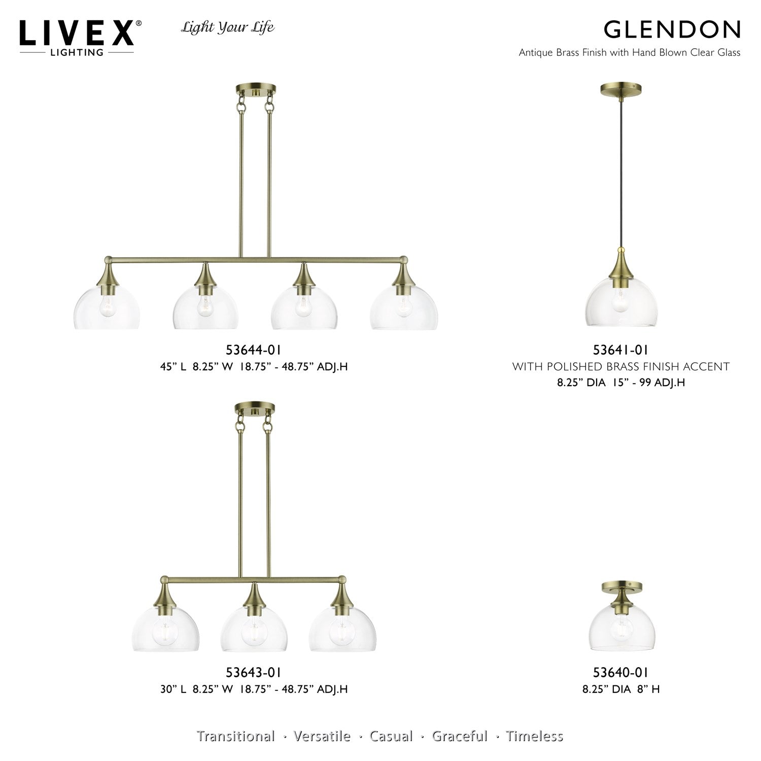1 Light Antique Brass Glass Pendant With Polished Brass Finish Accents