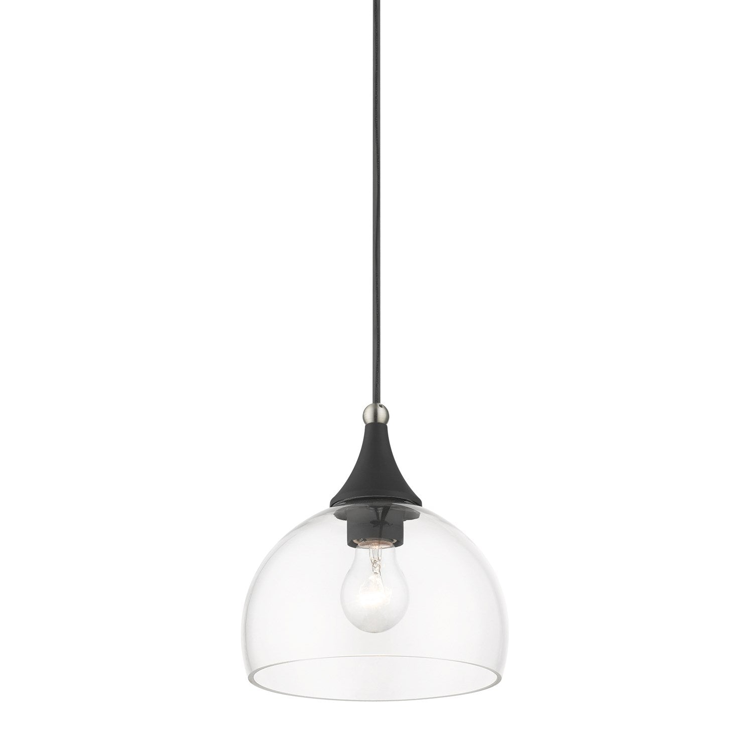 1 Light Black Glass Pendant With Brushed Nikel Finish Accents