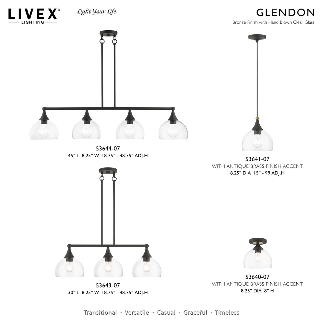 1 Light Bronze Glass Pendant With Antique Brass Finish Accents