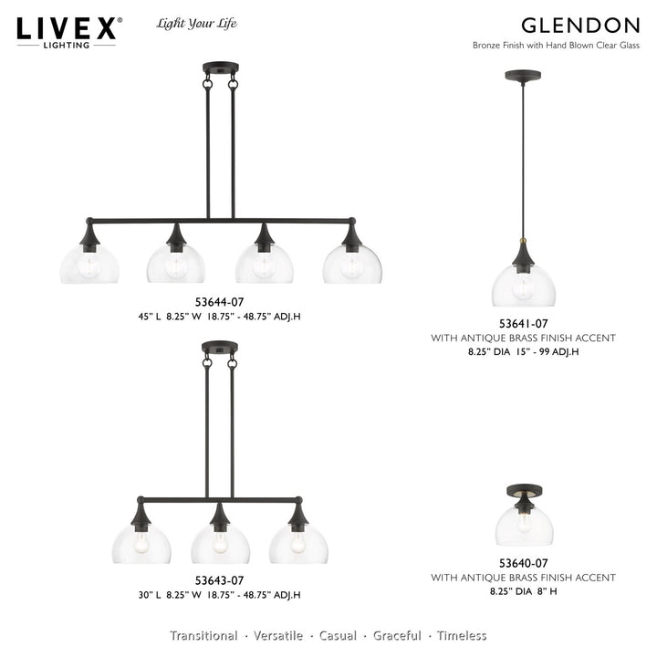 1 Light Bronze Glass Pendant With Antique Brass Finish Accents