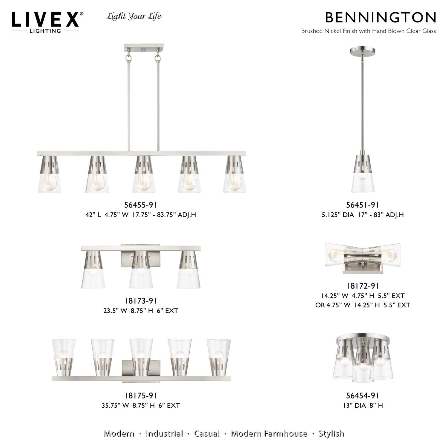 5 Light Brushed Nickel Large Linear Chandelier