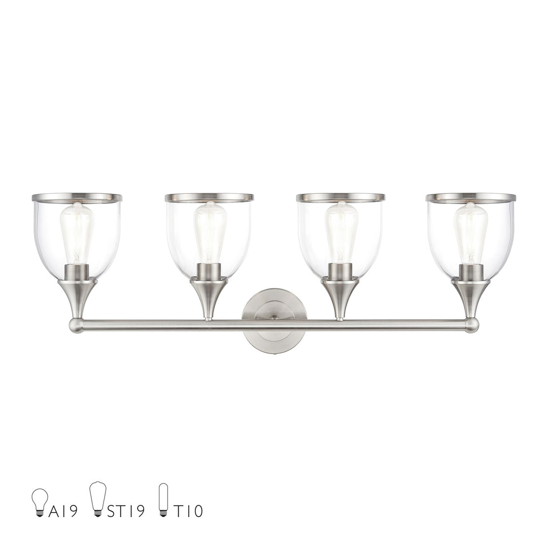 4 Light Brushed Nickel Large Vanity Sconce With Mouth Blown Clear Glass by Livex Lighting