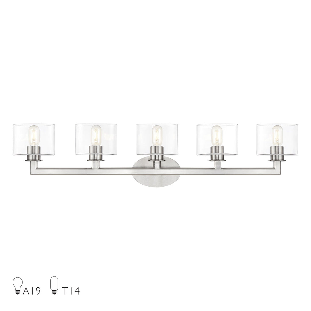 5 Light Brushed Nickel. Extra Large Vanity Sconce With Mouth Blown Clear Glass by Livex Lighting