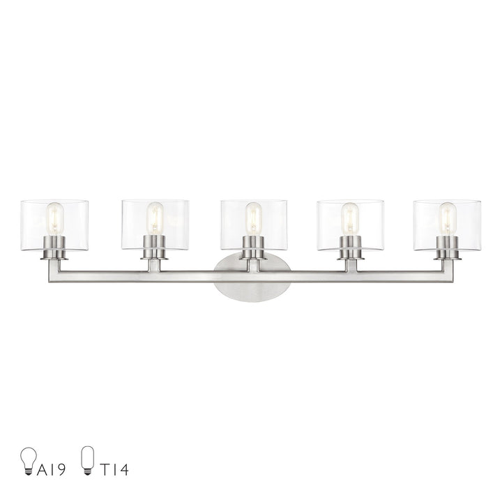 5 Light Brushed Nickel. Extra Large Vanity Sconce With Mouth Blown Clear Glass by Livex Lighting