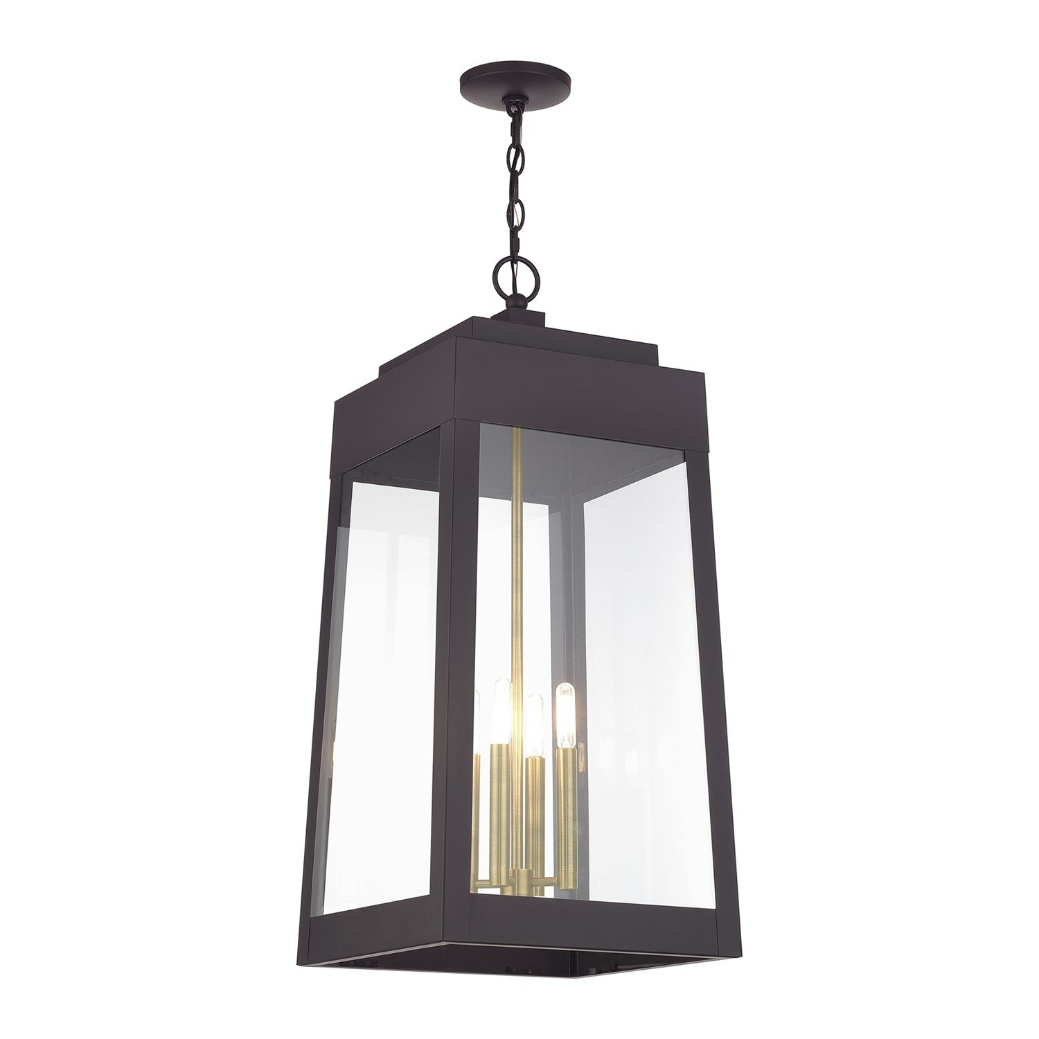 4 Light Bronze Outdoor Extra Large Pendant Lantern With Antique Brass Candles
