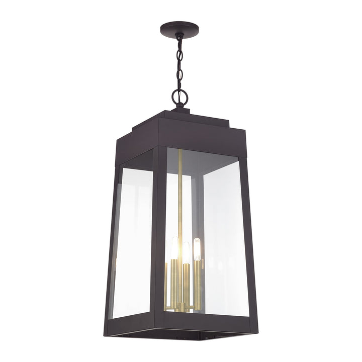 4 Light Bronze Outdoor Extra Large Pendant Lantern With Antique Brass Candles