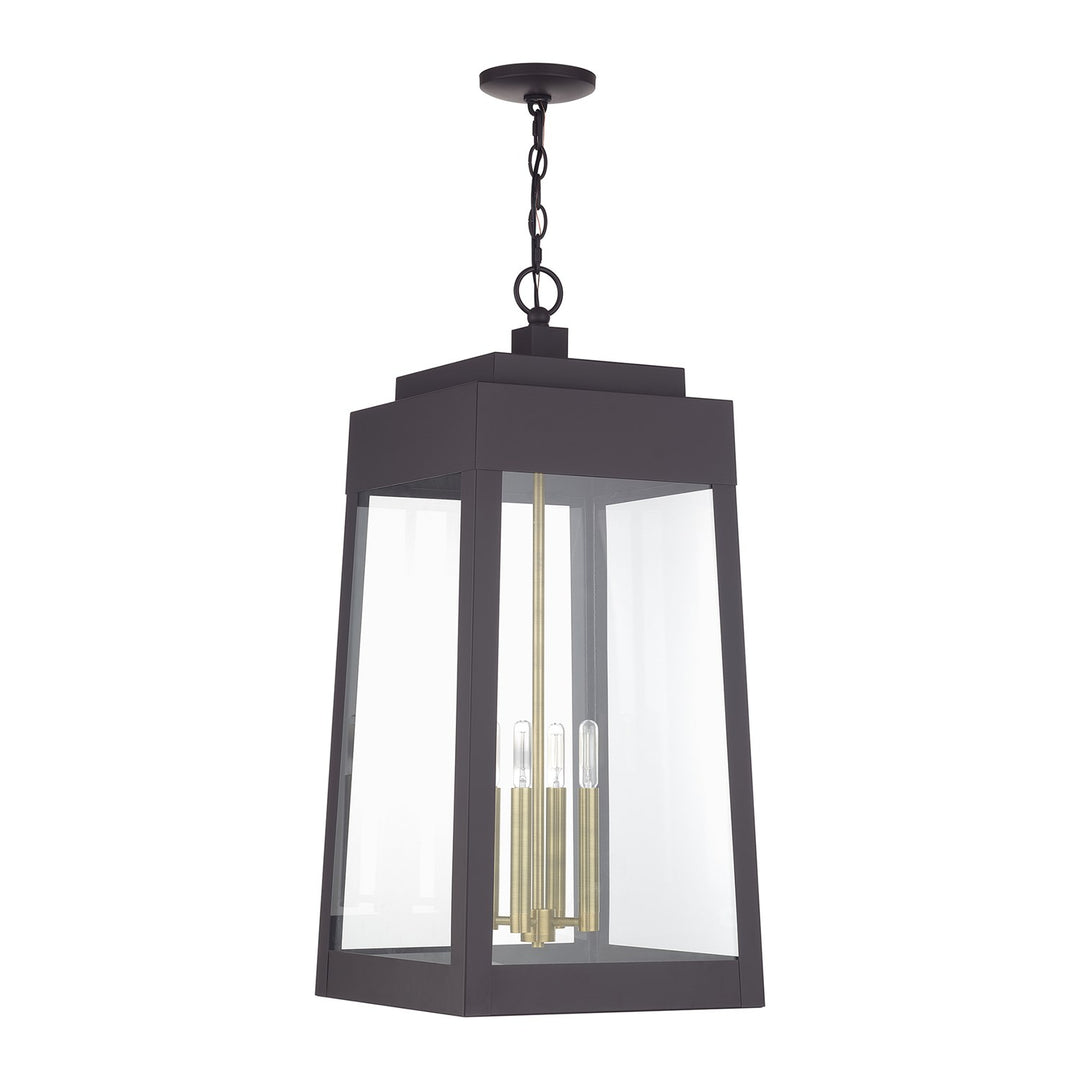 4 Light Bronze Outdoor Extra Large Pendant Lantern With Antique Brass Candles