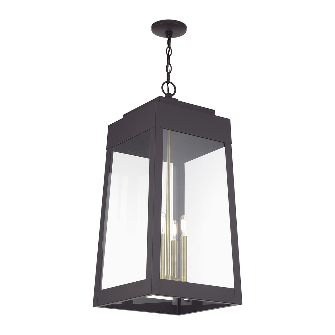 4 Light Bronze Outdoor Extra Large Pendant Lantern With Antique Brass Candles