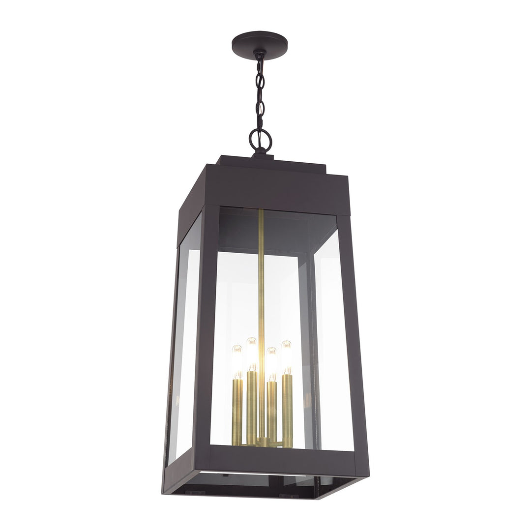 4 Light Bronze Outdoor Extra Large Pendant Lantern With Antique Brass Candles
