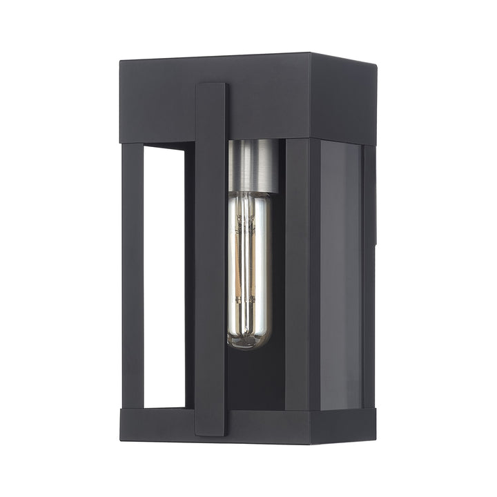 1 Light Black Small Outdoor Wall Lantern With Brushed Nickel Candles