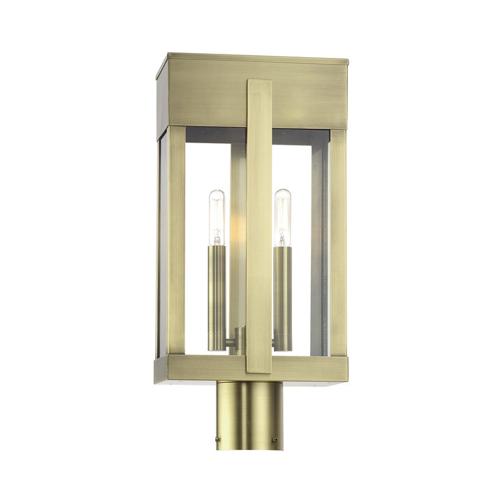 2 Light Antique Brass Large Outdoor Post Top Lantern With Clear Glass