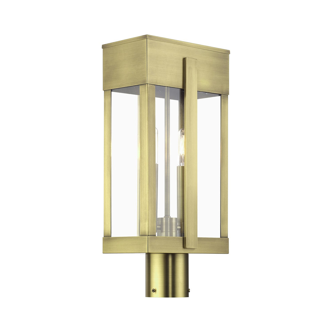 2 Light Antique Brass Large Outdoor Post Top Lantern With Clear Glass