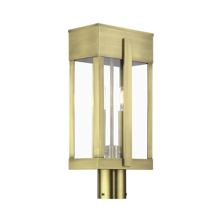 2 Light Antique Brass Large Outdoor Post Top Lantern With Clear Glass