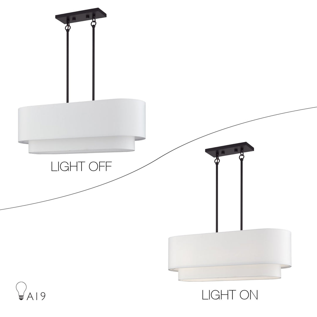3 Light Bronze Medium Linear Chandelier With Hand Crafted Off-Whites