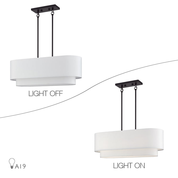 3 Light Bronze Medium Linear Chandelier With Hand Crafted Off-Whites