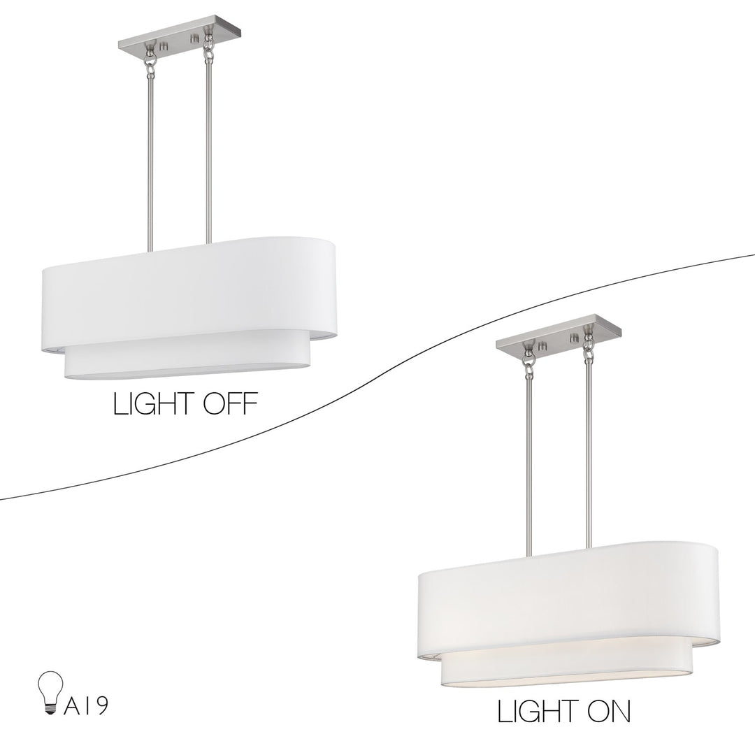 3 Light Brushed Nickel Medium Linear Chandelier With Hand Crafted Off-Whites