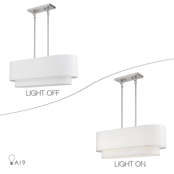 3 Light Brushed Nickel Medium Linear Chandelier With Hand Crafted Off-Whites