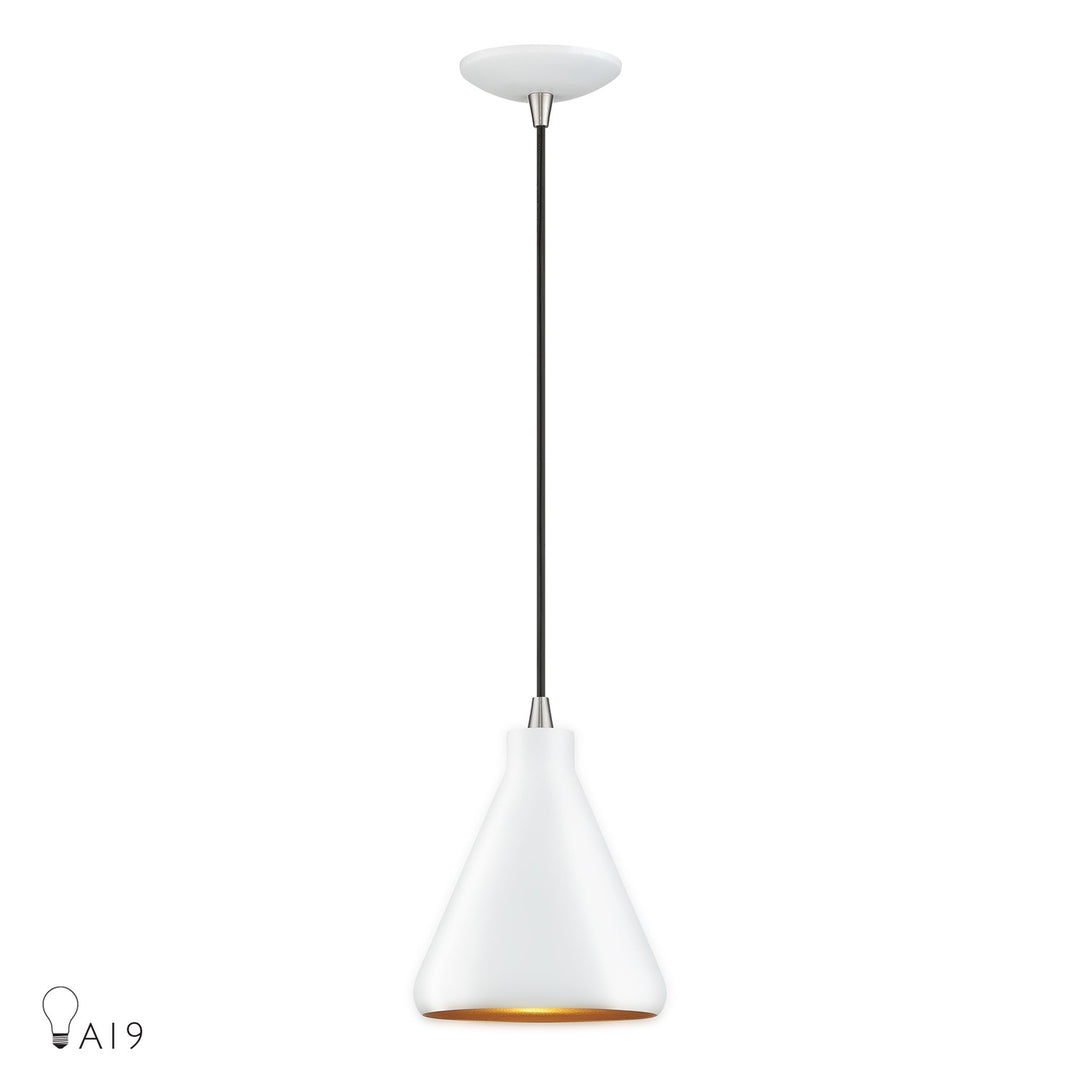 1 Light White Cone Mini Pendant With Brushed Nickel Accents by Livex Lighting