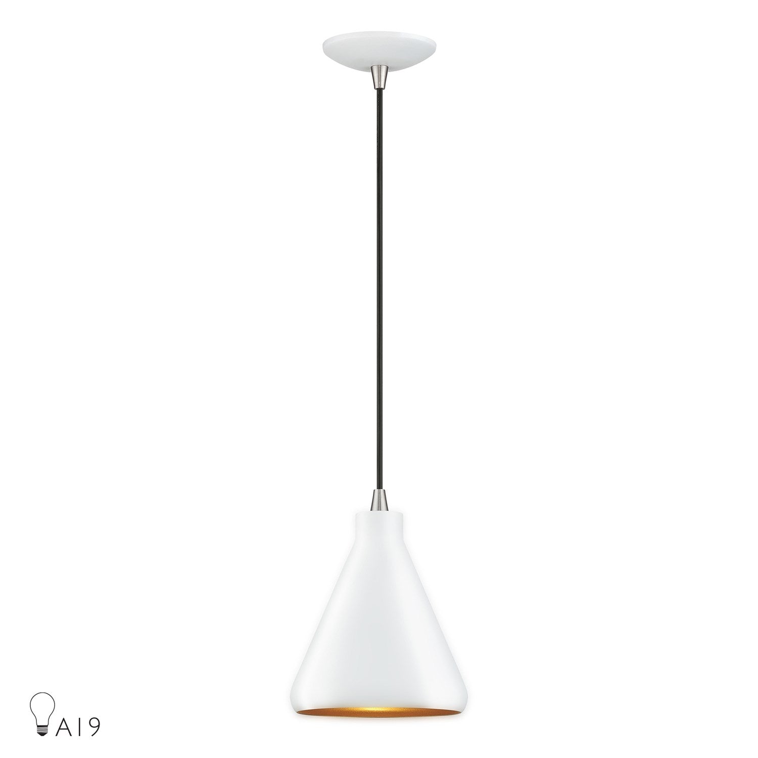 1 Light White Cone Mini Pendant With Brushed Nickel Accents by Livex Lighting