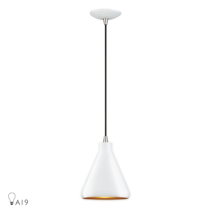 1 Light White Cone Mini Pendant With Brushed Nickel Accents by Livex Lighting