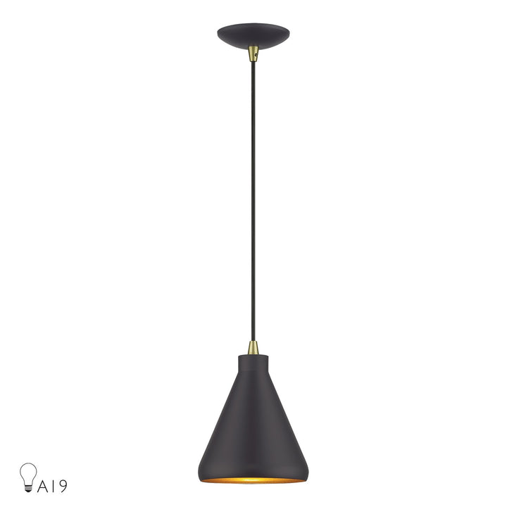 1 Light Bronze Cone Mini Pendant With Antique Brass Accents by Livex Lighting