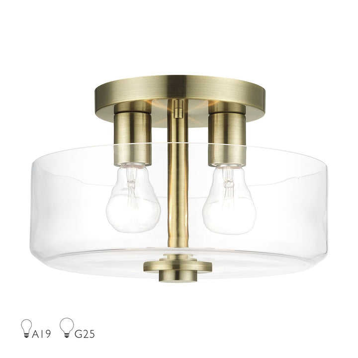 2 Light Antique Brass Medium Semi-Flush With Mouth Blown Clear Glass by Livex Lighting