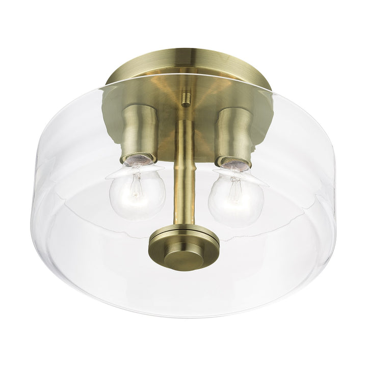 2 Light Antique Brass Medium Semi-Flush With Mouth Blown Clear Glass