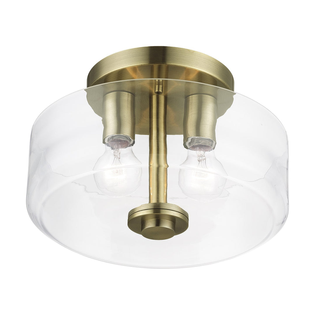 2 Light Antique Brass Medium Semi-Flush With Mouth Blown Clear Glass