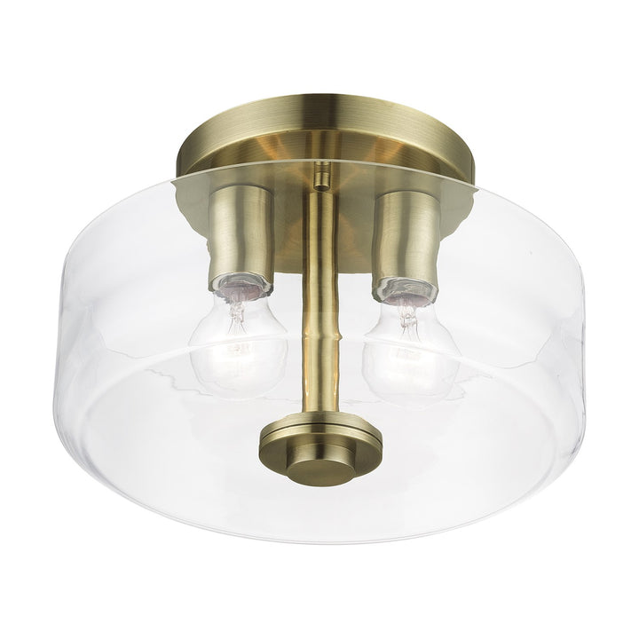 2 Light Antique Brass Medium Semi-Flush With Mouth Blown Clear Glass