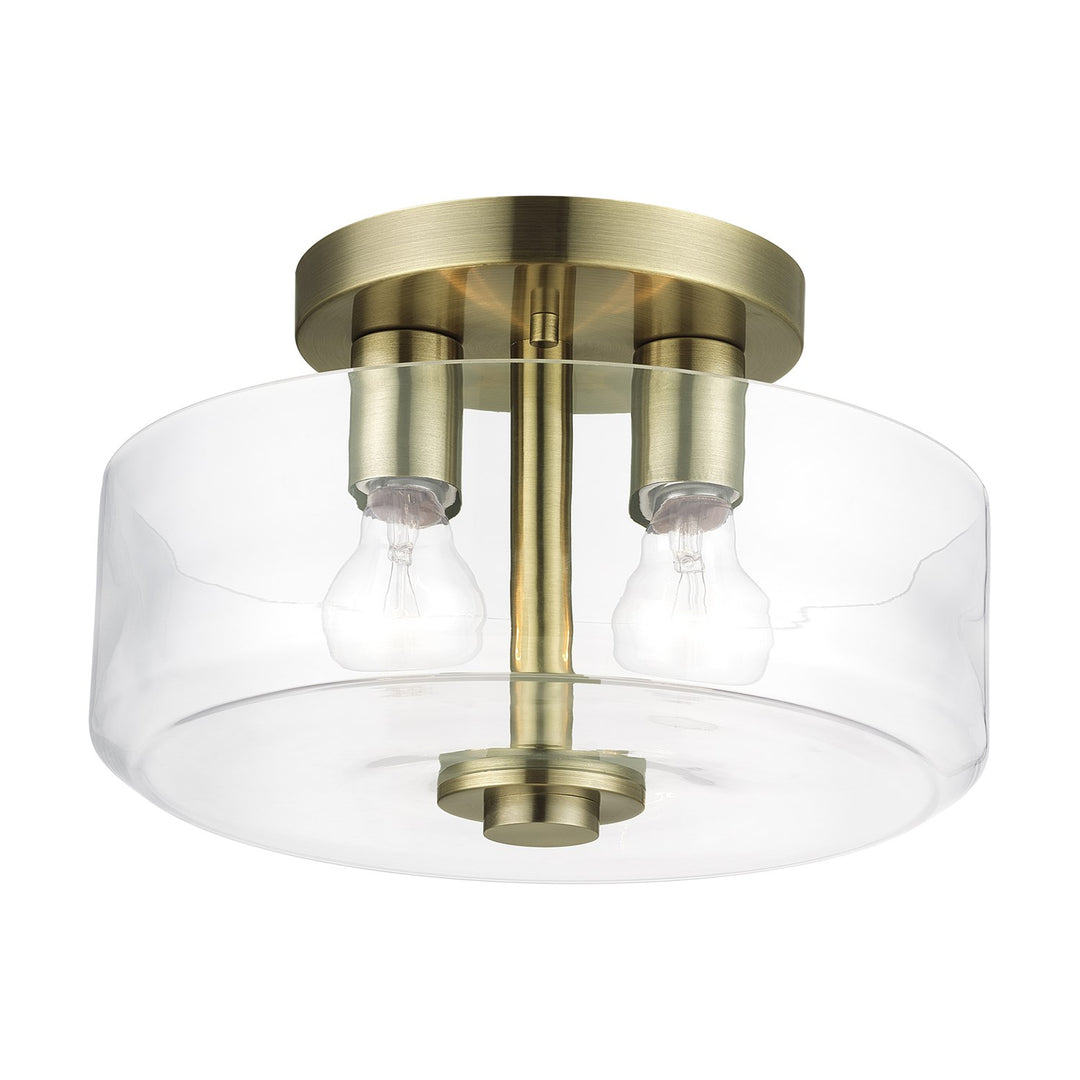 2 Light Antique Brass Medium Semi-Flush With Mouth Blown Clear Glass