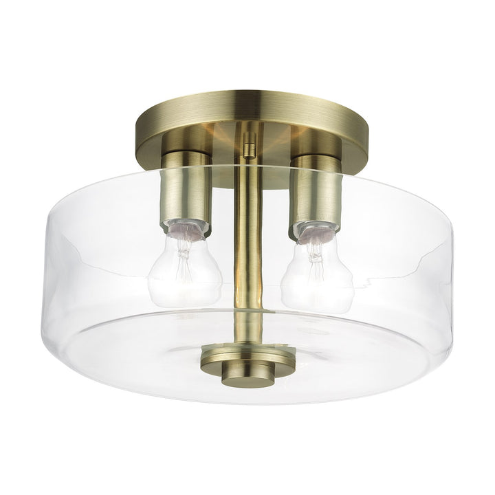 2 Light Antique Brass Medium Semi-Flush With Mouth Blown Clear Glass