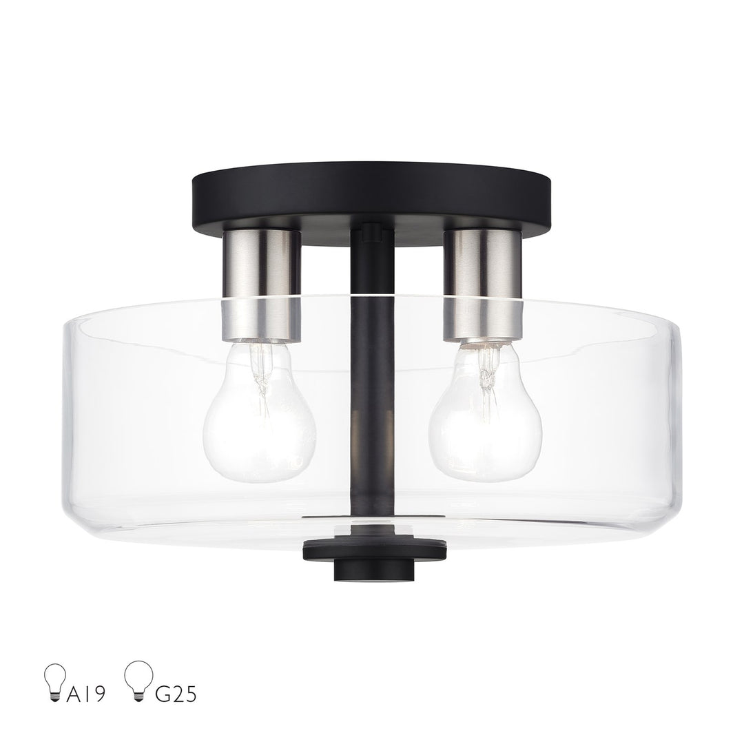 2 Light Black Medium Semi-Flush With Mouth Blown Clear Glass by Livex Lighting