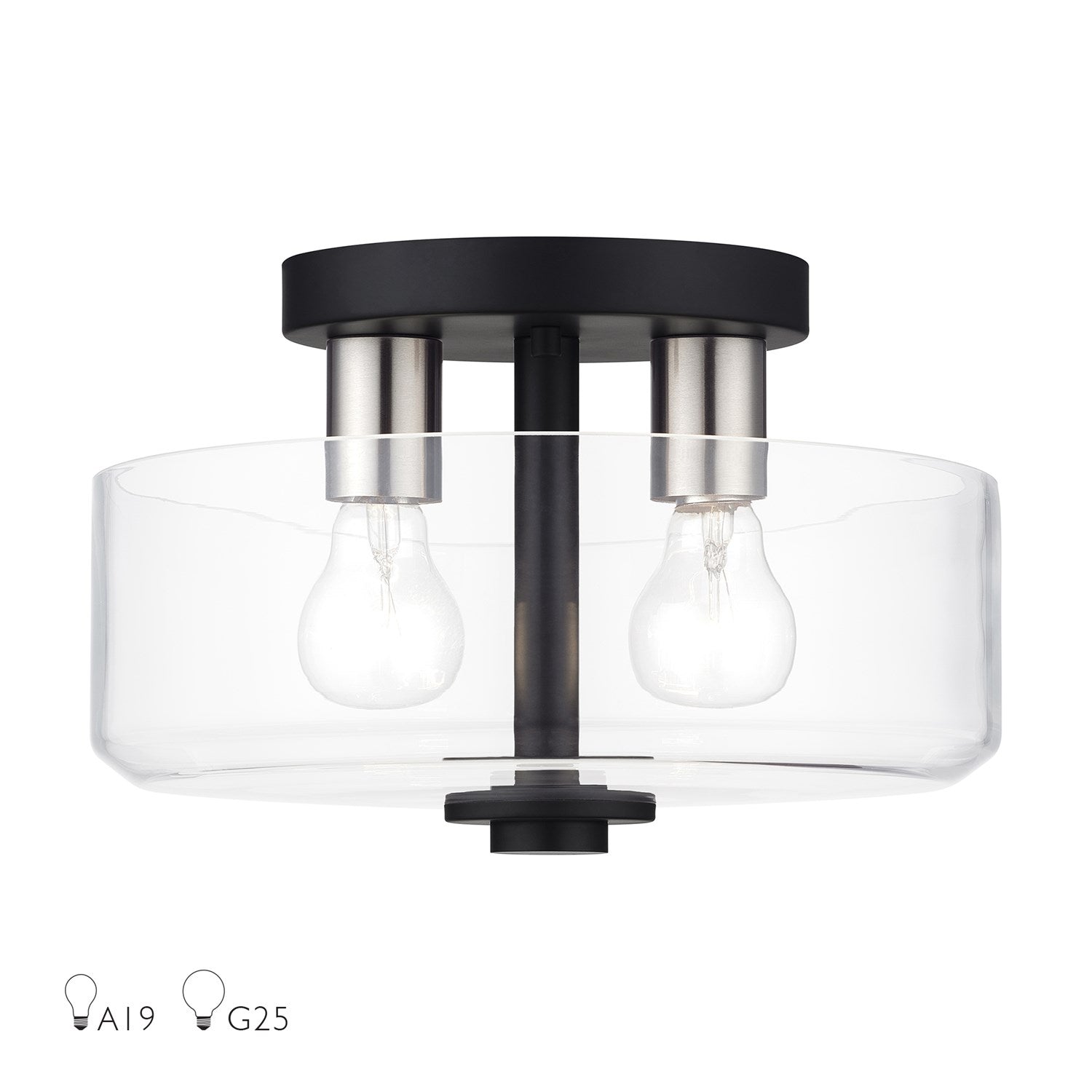 2 Light Black Medium Semi-Flush With Mouth Blown Clear Glass by Livex Lighting
