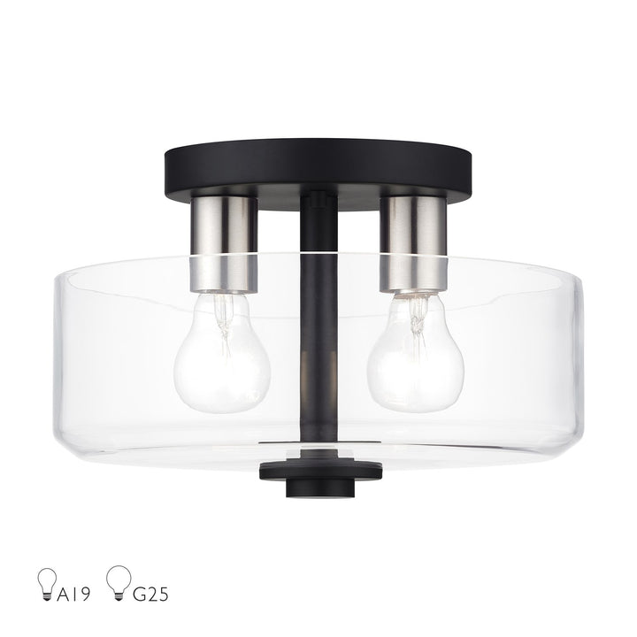 2 Light Black Medium Semi-Flush With Mouth Blown Clear Glass by Livex Lighting