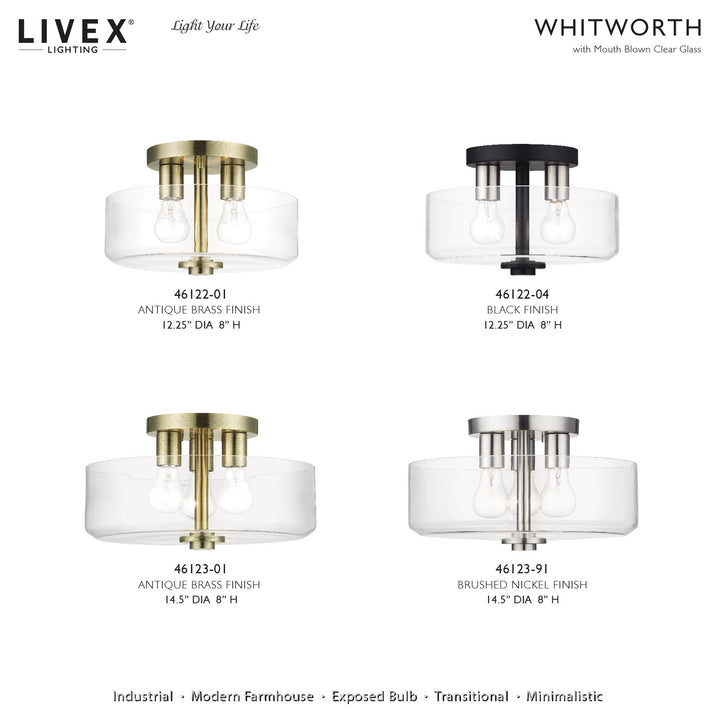 2 Light Black Medium Semi-Flush With Mouth Blown Clear Glass