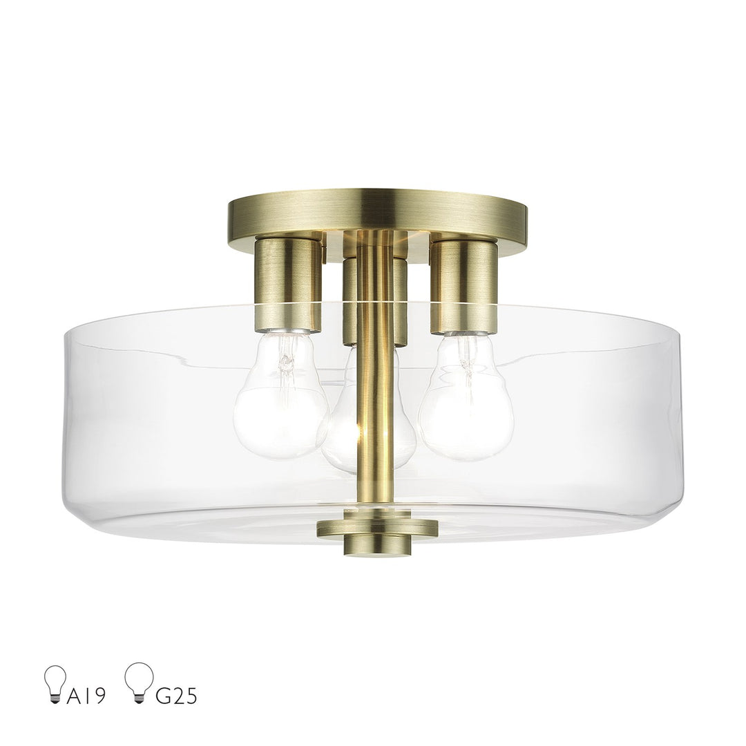 3 Light Antique Brass Large Semi-Flush With Mouth Blown Clear Glass by Livex Lighting