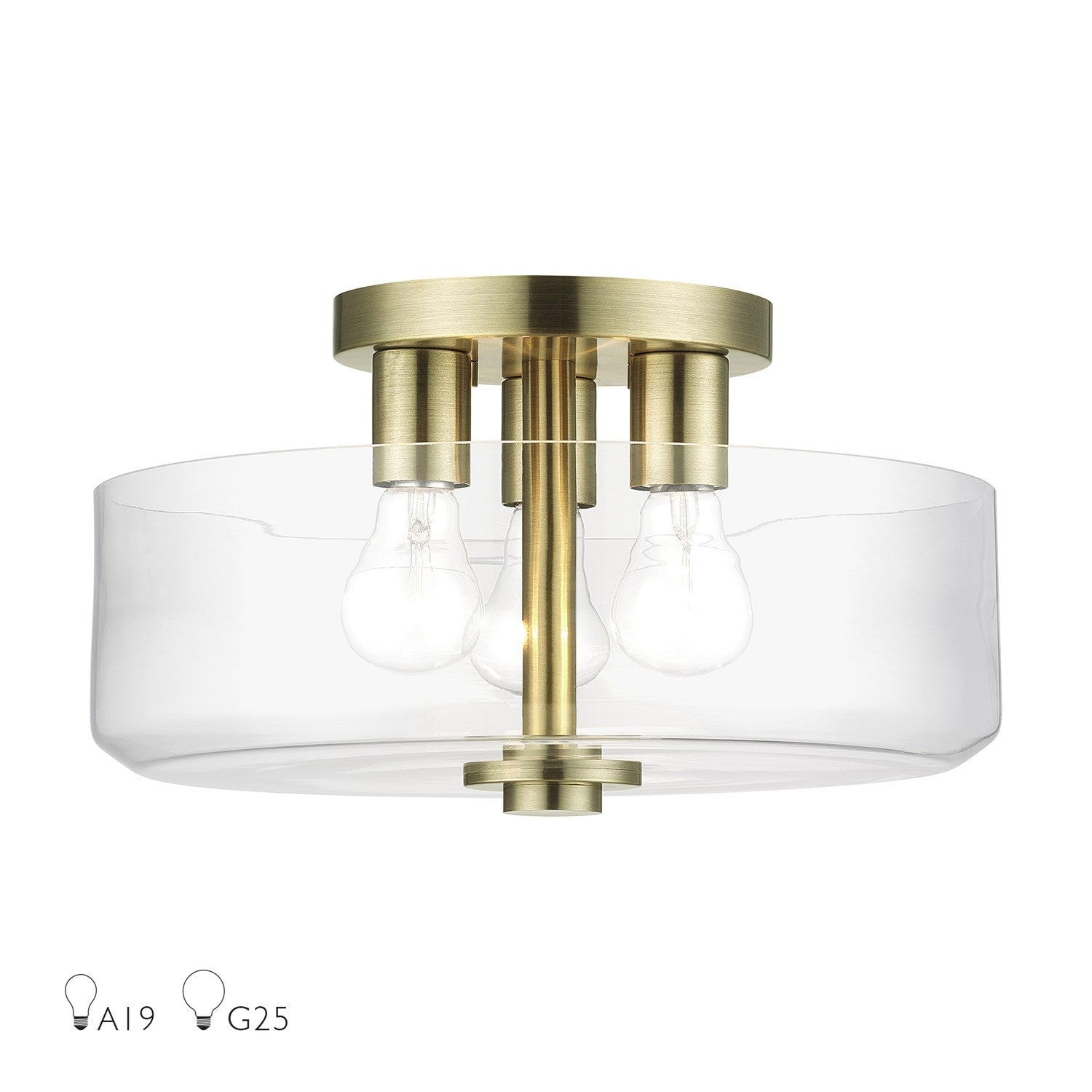 3 Light Antique Brass Large Semi-Flush With Mouth Blown Clear Glass by Livex Lighting