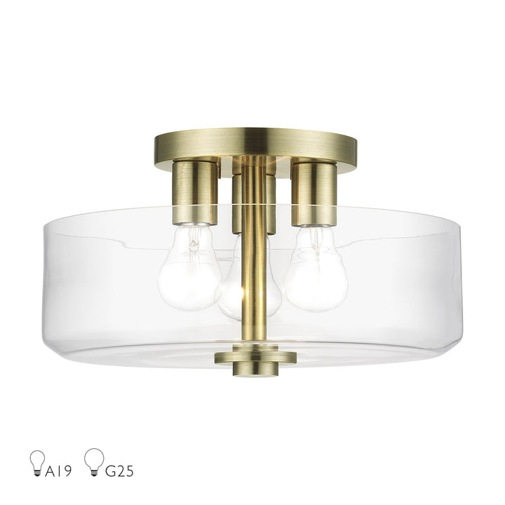 3 Light Antique Brass Large Semi-Flush With Mouth Blown Clear Glass by Livex Lighting