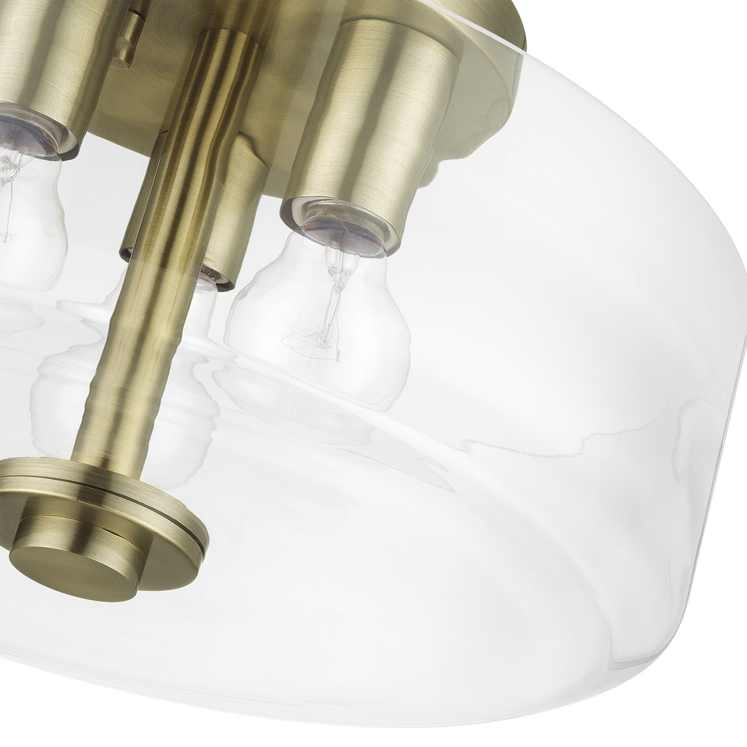 3 Light Antique Brass Large Semi-Flush With Mouth Blown Clear Glass