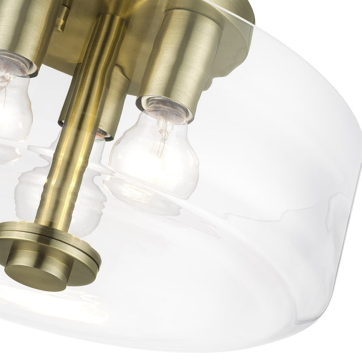 3 Light Antique Brass Large Semi-Flush With Mouth Blown Clear Glass