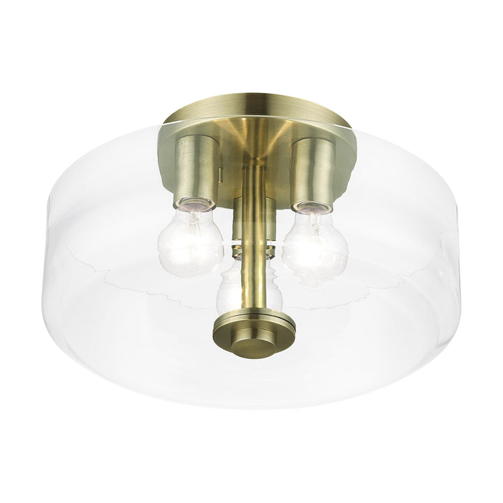 3 Light Antique Brass Large Semi-Flush With Mouth Blown Clear Glass